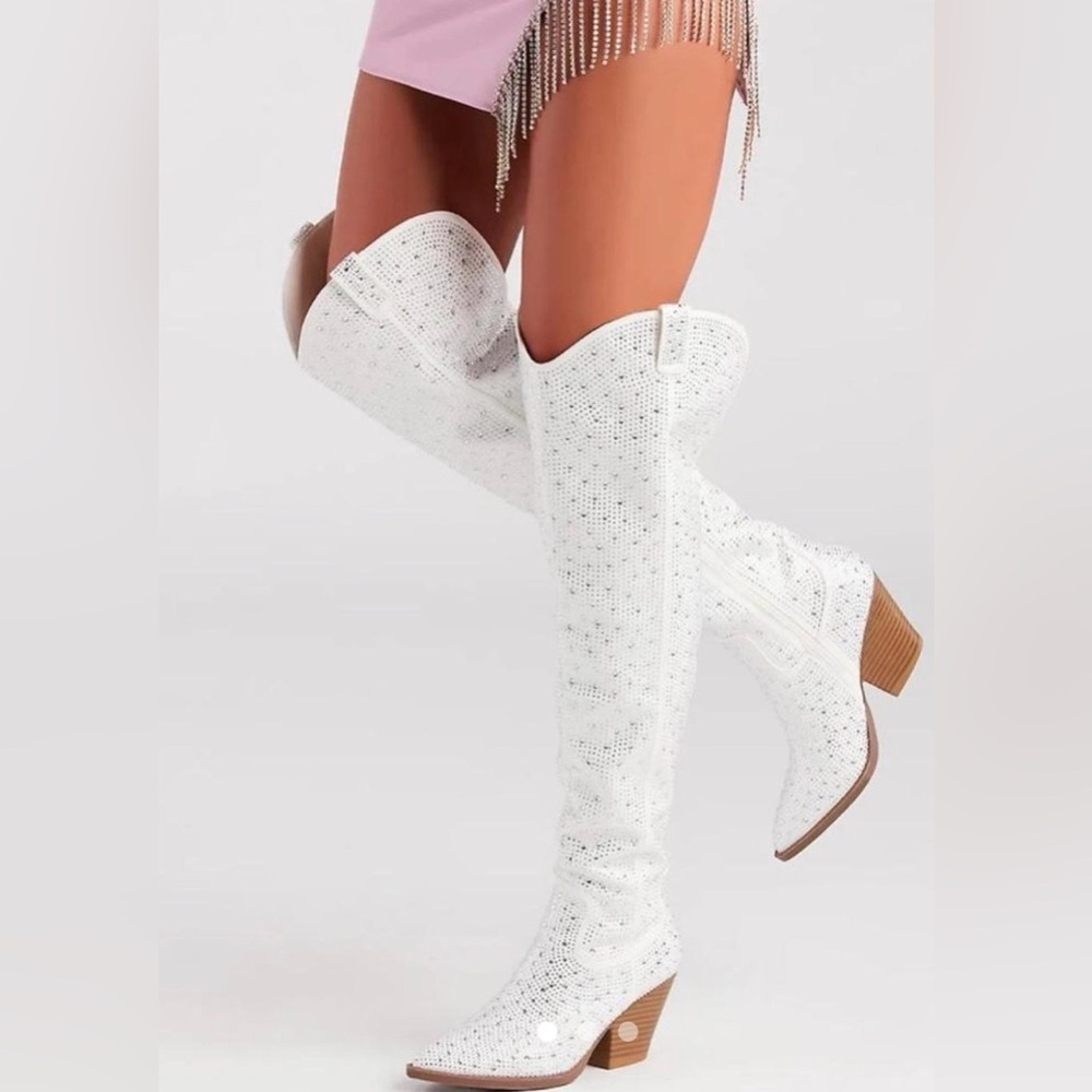 Windsor White Rhinestone Knee High Cowboy Western Boots